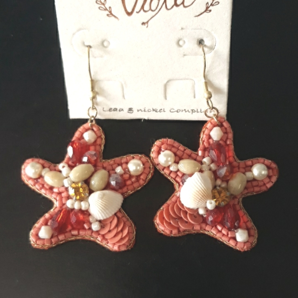 Coral Starfish Earrings with Pearls & Shell Accents